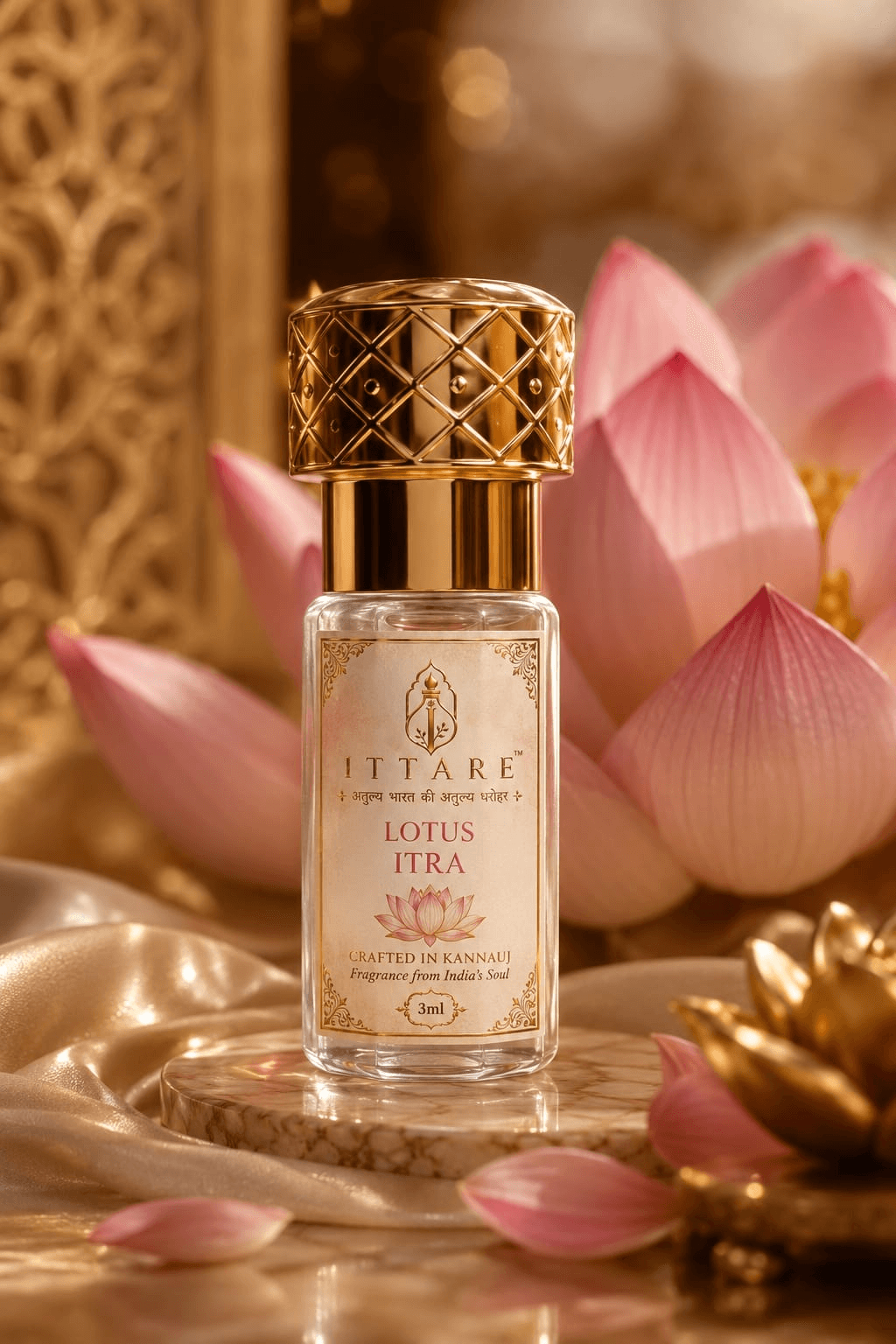 Lotus Itra bottle among lotus petals