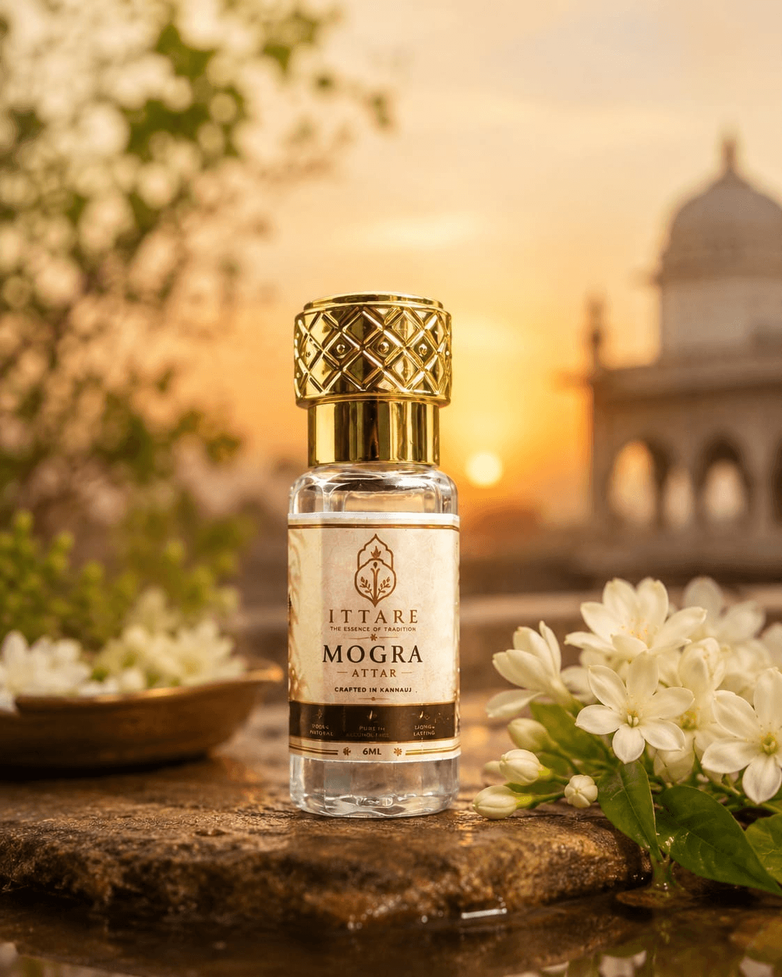 Mogra Itra with jasmine blossoms at sunset